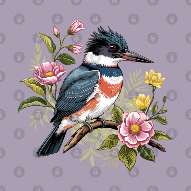 Vintage Belted Kingfisher Perched Among Botanical Blossoms by BirdsnStuff