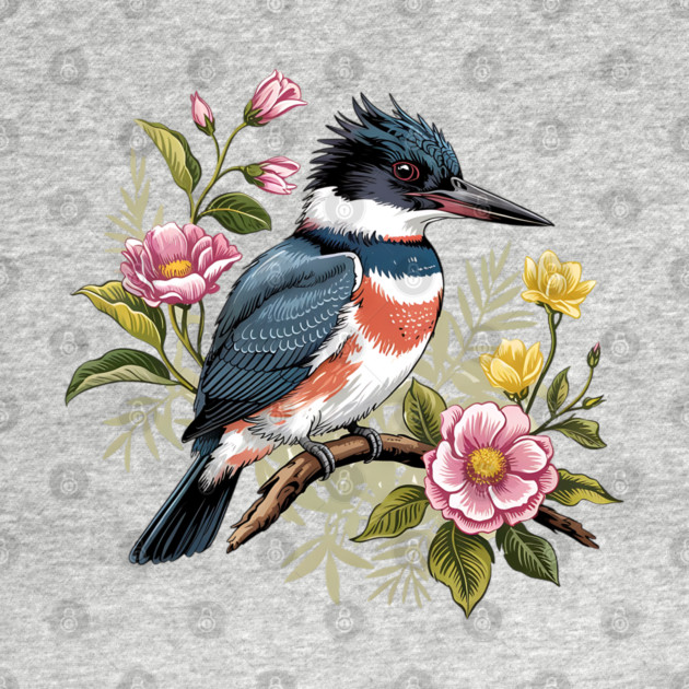 Vintage Belted Kingfisher Perched Among Botanical Blossoms by BirdsnStuff