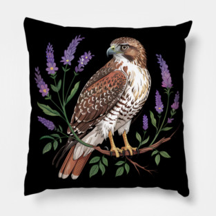 Vintage Red-Tailed Hawk Among Lavender and Wild Blooms Pillow