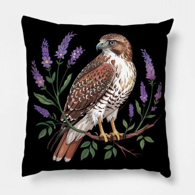 Vintage Red-Tailed Hawk Among Lavender and Wild Blooms Pillow by BirdsnStuff