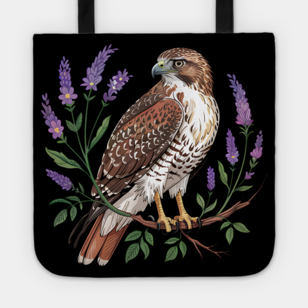 Vintage Red-Tailed Hawk Among Lavender and Wild Blooms Tote by BirdsnStuff