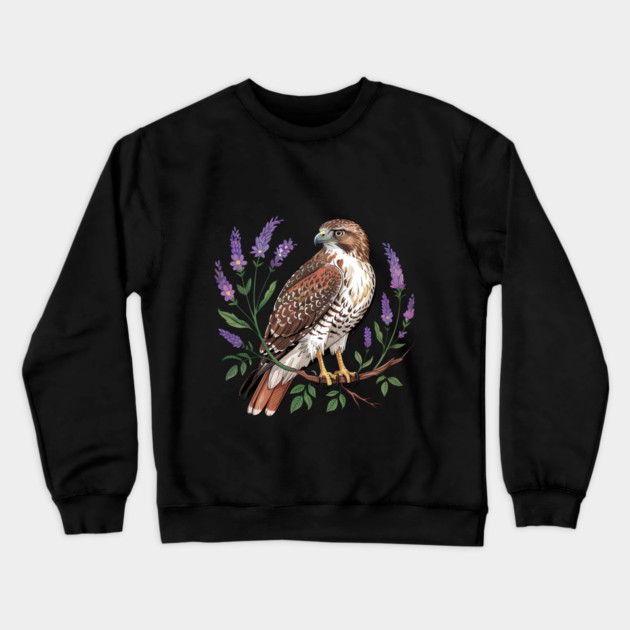 Vintage Red-Tailed Hawk Among Lavender and Wild Blooms Crewneck Sweatshirt by BirdsnStuff