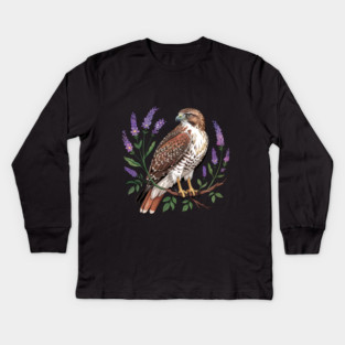 Vintage Red-Tailed Hawk Among Lavender and Wild Blooms Kids Long Sleeve T-Shirt