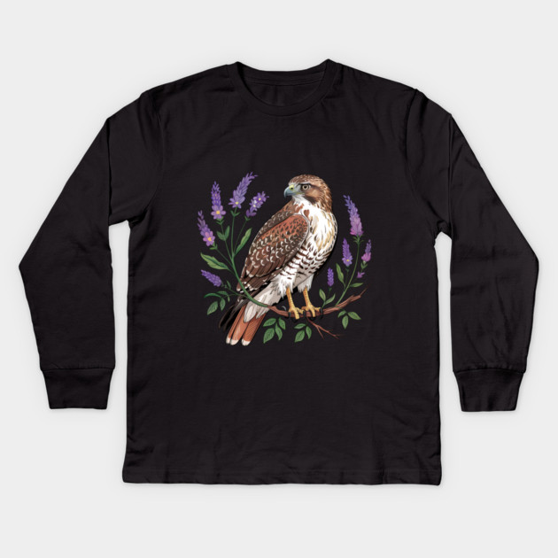 Vintage Red-Tailed Hawk Among Lavender and Wild Blooms Kids Long Sleeve T-Shirt by BirdsnStuff