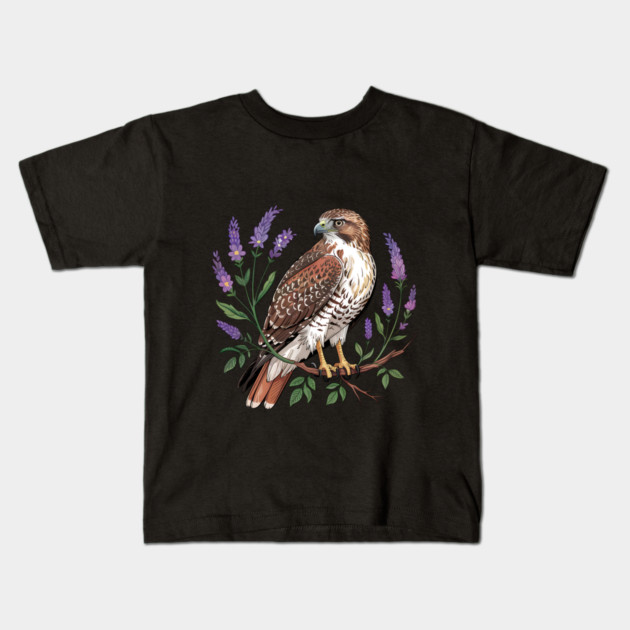 Vintage Red-Tailed Hawk Among Lavender and Wild Blooms Kids T-Shirt by BirdsnStuff