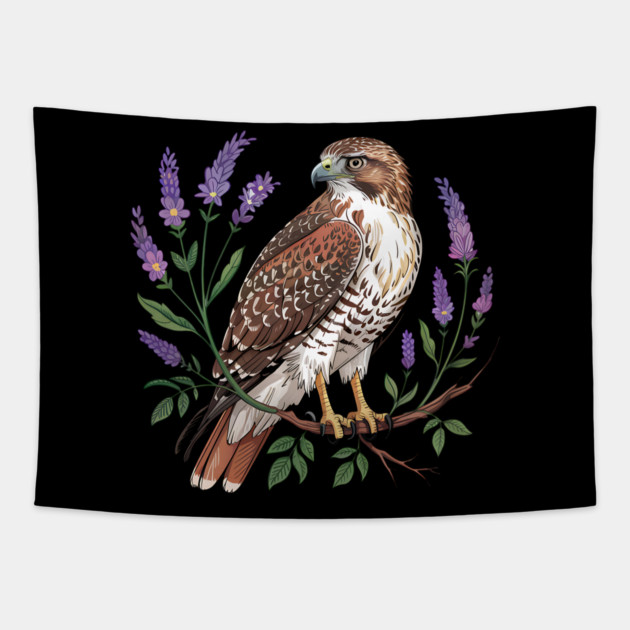 Vintage Red-Tailed Hawk Among Lavender and Wild Blooms Tapestry by BirdsnStuff
