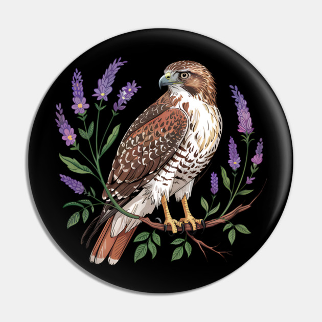 Vintage Red-Tailed Hawk Among Lavender and Wild Blooms Pin by BirdsnStuff