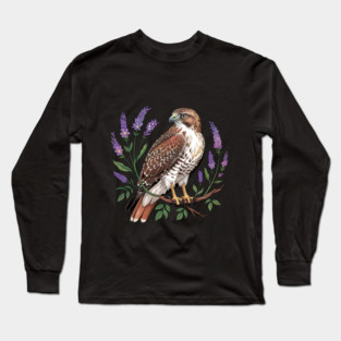 Vintage Red-Tailed Hawk Among Lavender and Wild Blooms Long Sleeve T-Shirt