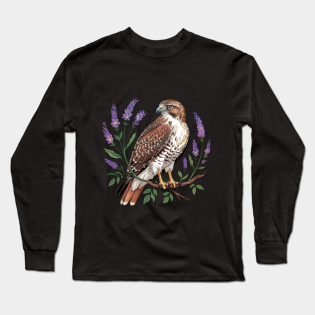 Vintage Red-Tailed Hawk Among Lavender and Wild Blooms Long Sleeve T-Shirt by BirdsnStuff