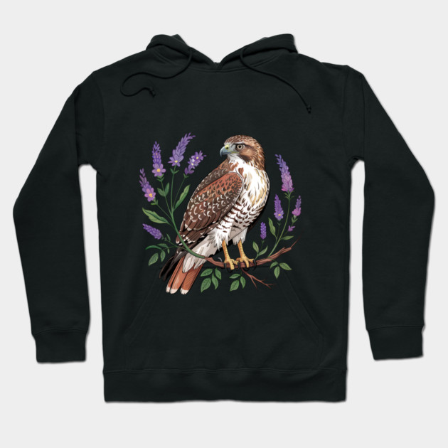 Vintage Red-Tailed Hawk Among Lavender and Wild Blooms Hoodie by BirdsnStuff