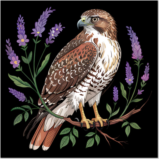 Vintage Red-Tailed Hawk Among Lavender and Wild Blooms Wall Art by BirdsnStuff