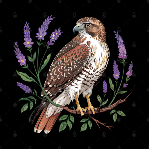 Vintage Red-Tailed Hawk Among Lavender and Wild Blooms by BirdsnStuff