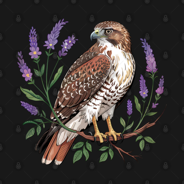 Vintage Red-Tailed Hawk Among Lavender and Wild Blooms by BirdsnStuff
