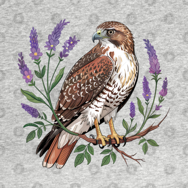 Vintage Red-Tailed Hawk Among Lavender and Wild Blooms by BirdsnStuff