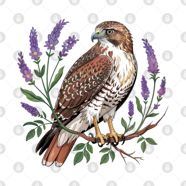 Vintage Red-Tailed Hawk Among Lavender and Wild Blooms by BirdsnStuff