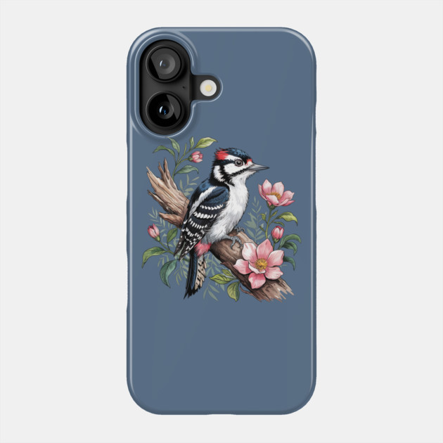 Vintage Downy Woodpecker on Blossoming Tree Branch Phone Case by BirdsnStuff
