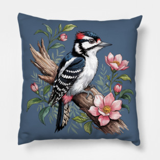 Vintage Downy Woodpecker on Blossoming Tree Branch Pillow