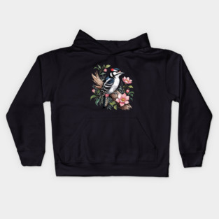 Vintage Downy Woodpecker on Blossoming Tree Branch Kids Hoodie