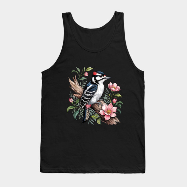 Vintage Downy Woodpecker on Blossoming Tree Branch Tank Top by BirdsnStuff