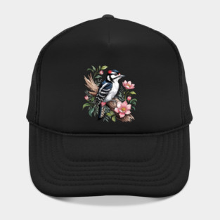 Vintage Downy Woodpecker on Blossoming Tree Branch Hat