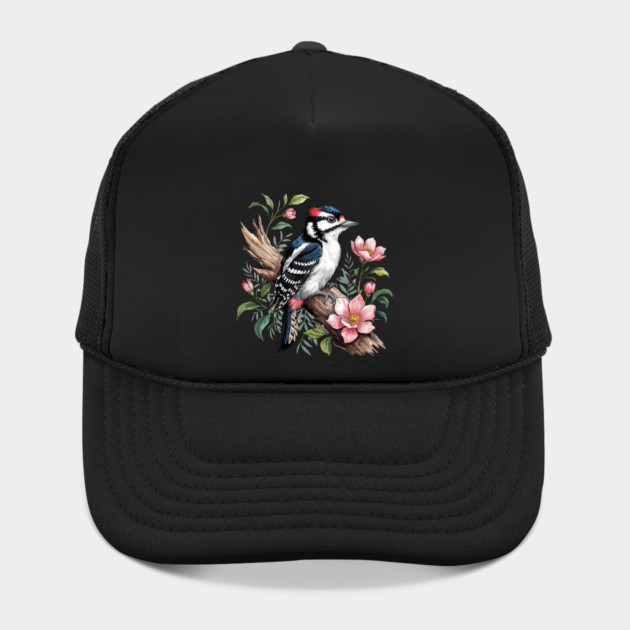 Vintage Downy Woodpecker on Blossoming Tree Branch by BirdsnStuff