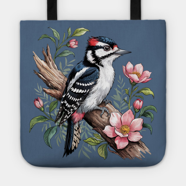 Vintage Downy Woodpecker on Blossoming Tree Branch Tote by BirdsnStuff