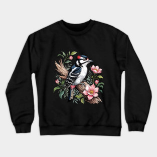 Vintage Downy Woodpecker on Blossoming Tree Branch Crewneck Sweatshirt