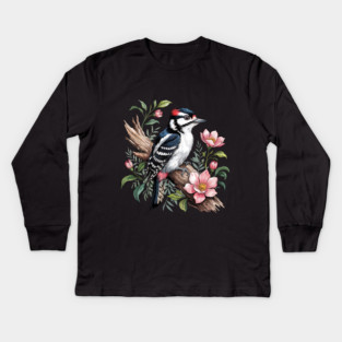 Vintage Downy Woodpecker on Blossoming Tree Branch Kids Long Sleeve T-Shirt