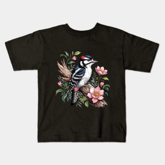 Vintage Downy Woodpecker on Blossoming Tree Branch Kids T-Shirt by BirdsnStuff