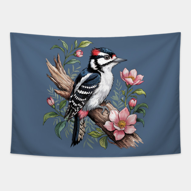 Vintage Downy Woodpecker on Blossoming Tree Branch Tapestry by BirdsnStuff