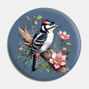 Vintage Downy Woodpecker on Blossoming Tree Branch Pin