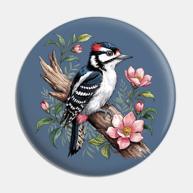 Vintage Downy Woodpecker on Blossoming Tree Branch Pin by BirdsnStuff