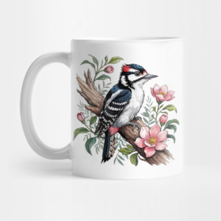 Vintage Downy Woodpecker on Blossoming Tree Branch Mug