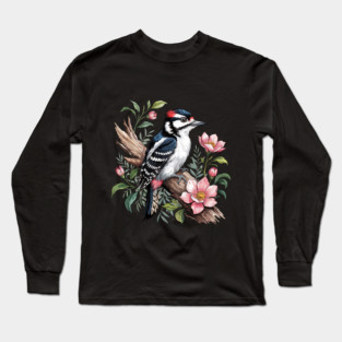 Vintage Downy Woodpecker on Blossoming Tree Branch Long Sleeve T-Shirt