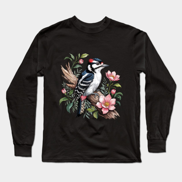 Vintage Downy Woodpecker on Blossoming Tree Branch Long Sleeve T-Shirt by BirdsnStuff