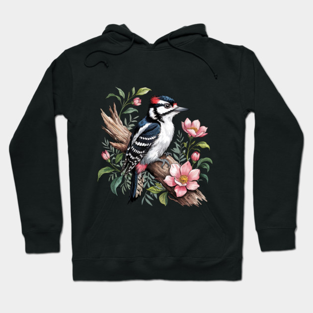 Vintage Downy Woodpecker on Blossoming Tree Branch Hoodie by BirdsnStuff