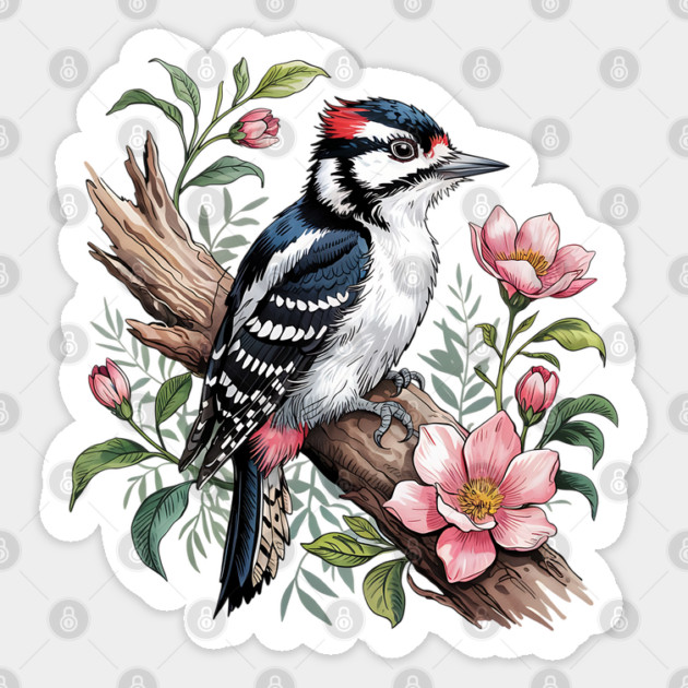 Vintage Downy Woodpecker on Blossoming Tree Branch Sticker by BirdsnStuff