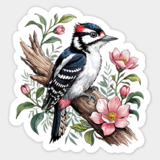 Vintage Downy Woodpecker on Blossoming Tree Branch Magnet