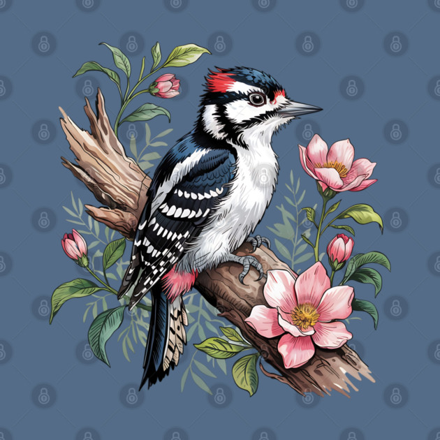 Vintage Downy Woodpecker on Blossoming Tree Branch by BirdsnStuff