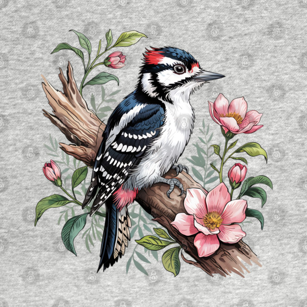 Vintage Downy Woodpecker on Blossoming Tree Branch by BirdsnStuff