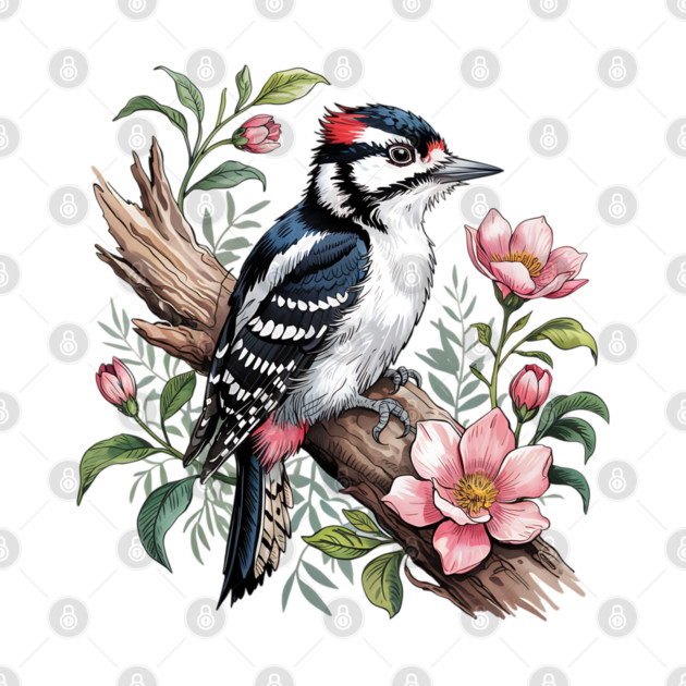 Vintage Downy Woodpecker on Blossoming Tree Branch by BirdsnStuff