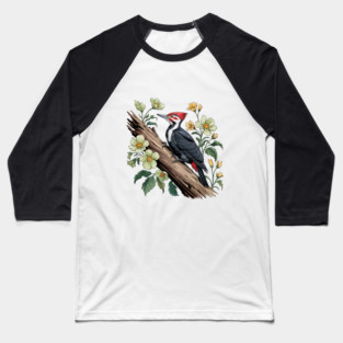 Vintage Pileated Woodpecker with Garden Floral Touch Baseball T-Shirt