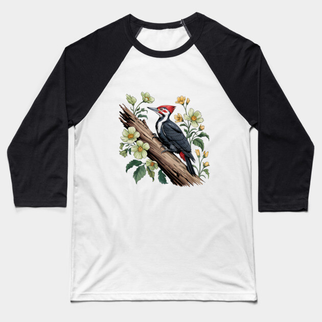 Vintage Pileated Woodpecker with Garden Floral Touch Baseball T-Shirt by BirdsnStuff