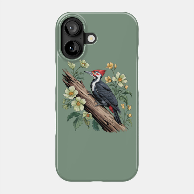 Vintage Pileated Woodpecker with Garden Floral Touch Phone Case by BirdsnStuff