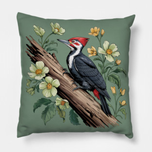 Vintage Pileated Woodpecker with Garden Floral Touch Pillow