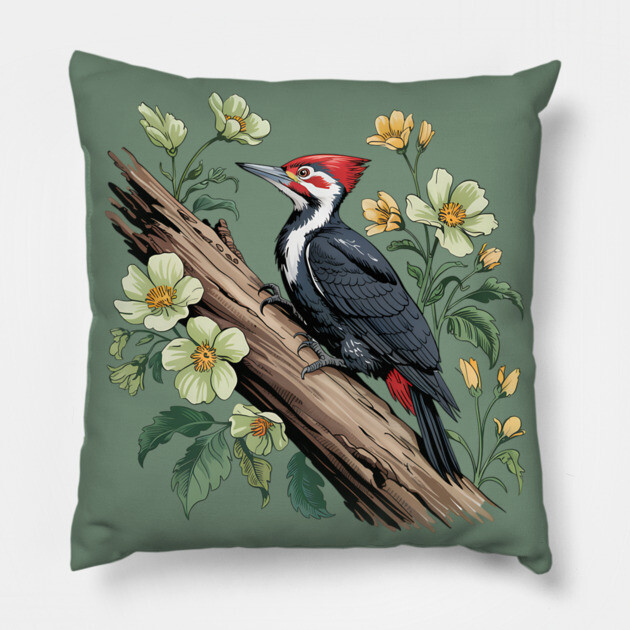 Vintage Pileated Woodpecker with Garden Floral Touch Pillow by BirdsnStuff