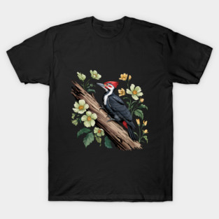 Vintage Pileated Woodpecker with Garden Floral Touch T-Shirt