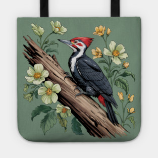 Vintage Pileated Woodpecker with Garden Floral Touch Tote