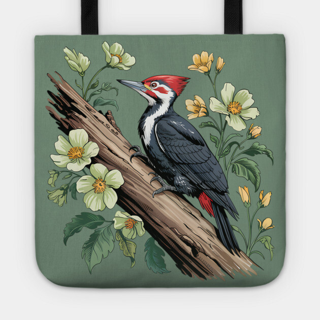 Vintage Pileated Woodpecker with Garden Floral Touch Tote by BirdsnStuff