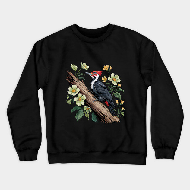 Vintage Pileated Woodpecker with Garden Floral Touch Crewneck Sweatshirt by BirdsnStuff